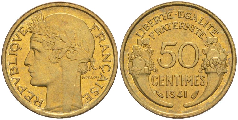 ФРАНЦИЯ 50 САНТИМОВ 1941 ТИП MORLON KM 894.1, LE FRANC 192.18 алюминиевая бронза 44-629