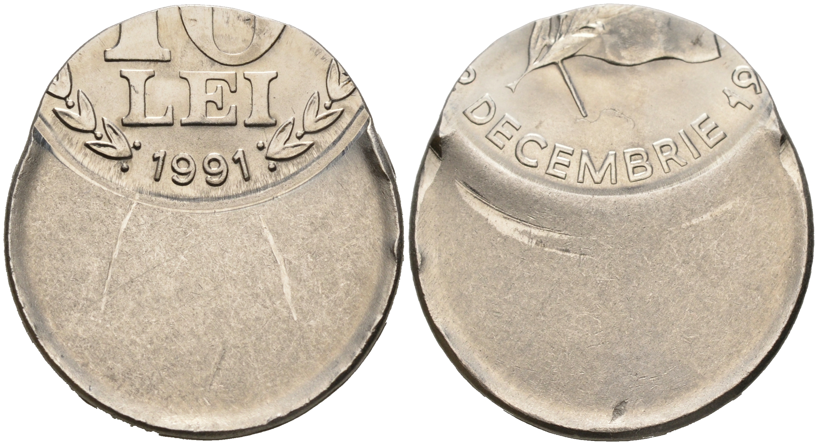 Румыния 10 леев 1991 технологический брак монетного двора KM 108 сталь плакированная никелем  UNC  441-431