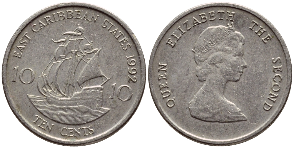 Восточно-Карибские штаты 10 центов 1992 Елизавета II (1952-2022), парусник KM 13 медно-никель 4396-621