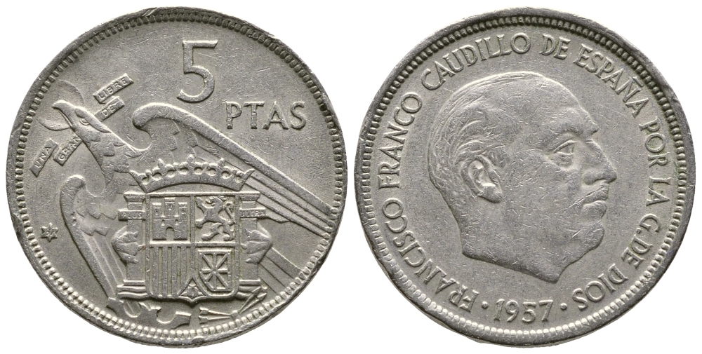 Испания 5 песет 1957 (67) Франсиско Франко (1939-1975) KM 786 медно-никель 4610-153