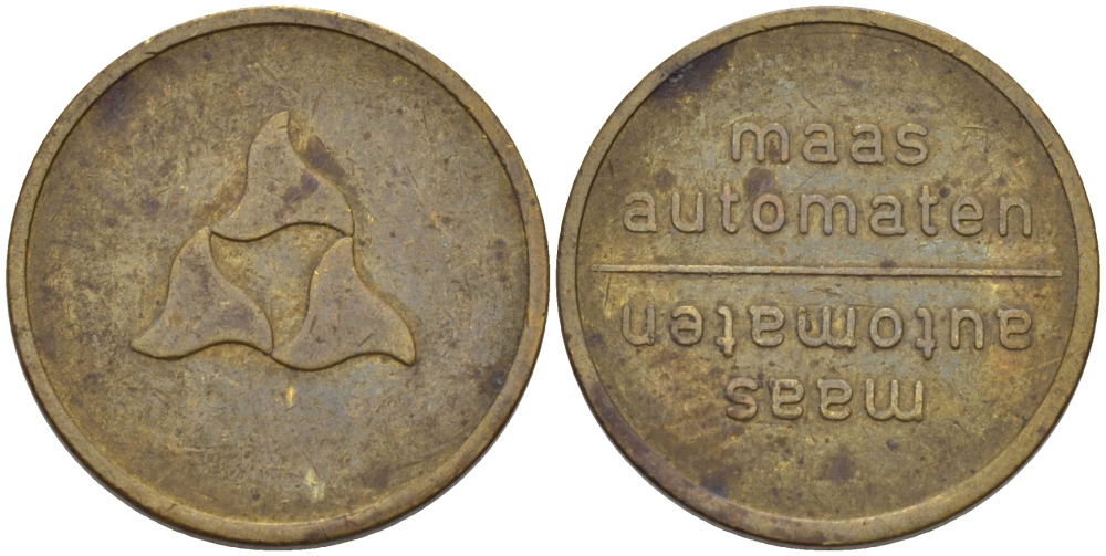 НИДЕРЛАНДЫ ЖЕТОН КОФЕЙНЫЙ ТОРГОВЫЙ ЖЕТОН ДЛЯ КОФЕЙНОГО АВТОМАТА, MAAS AUTOMATEN, ДИАМЕТР 20 ММ. желтый металл 28-742