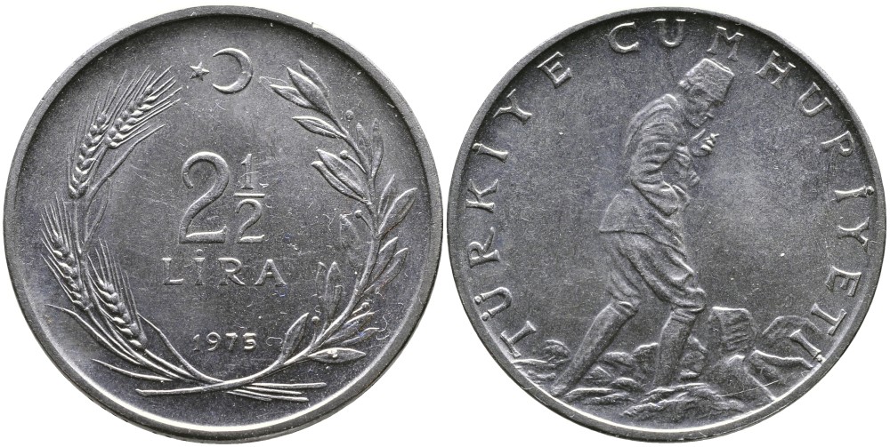 ТУРЦИЯ 2 1/2 ЛИРЫ 1975 KM 893.2 нержавеющая сталь 29-643