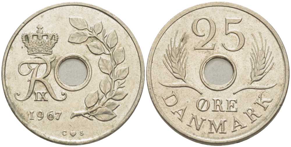 Дания 25 эре 1967 С; S, Фредерик IX (1947-1972) KM 855.1 медно-никель 67-1253