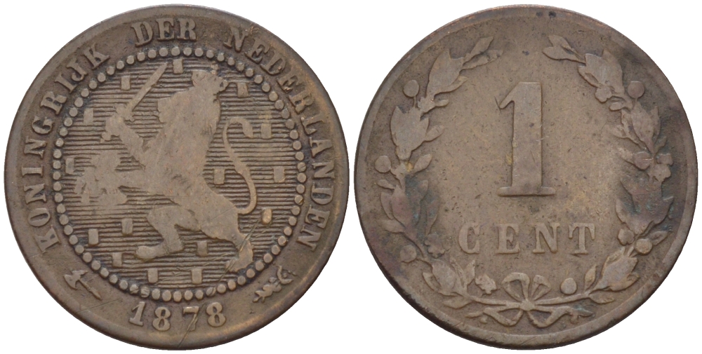 Нидерланды 1 цент 1878 Виллем III (1849-1890) KM 107 бронза 100-441