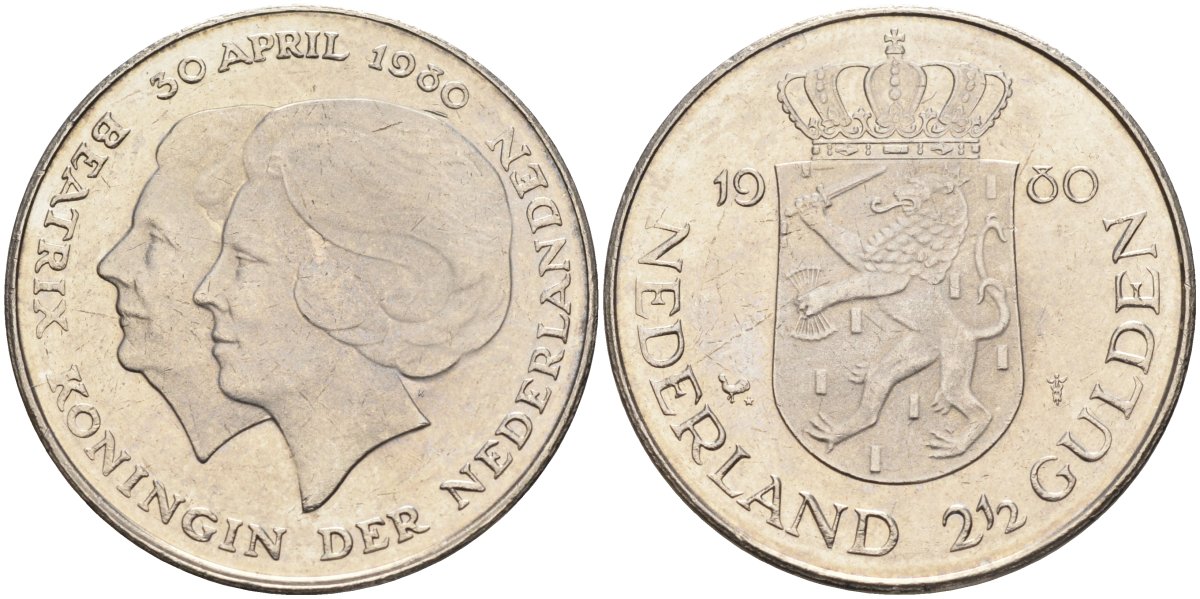 Нидерланды 2 1/2 гульдена 1980 коронация Беатрикс, 30 апреля 1980 KM 201 никель 4587-1014