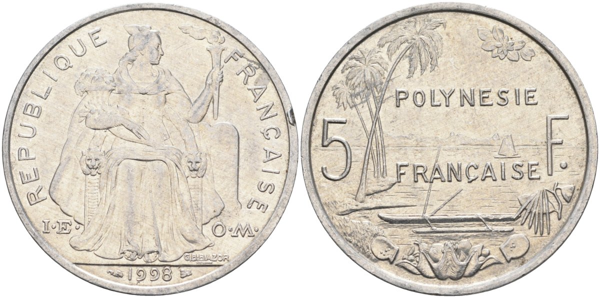 Французская Полинезия 5 франков 1998 KM 12 алюминий 4131-941