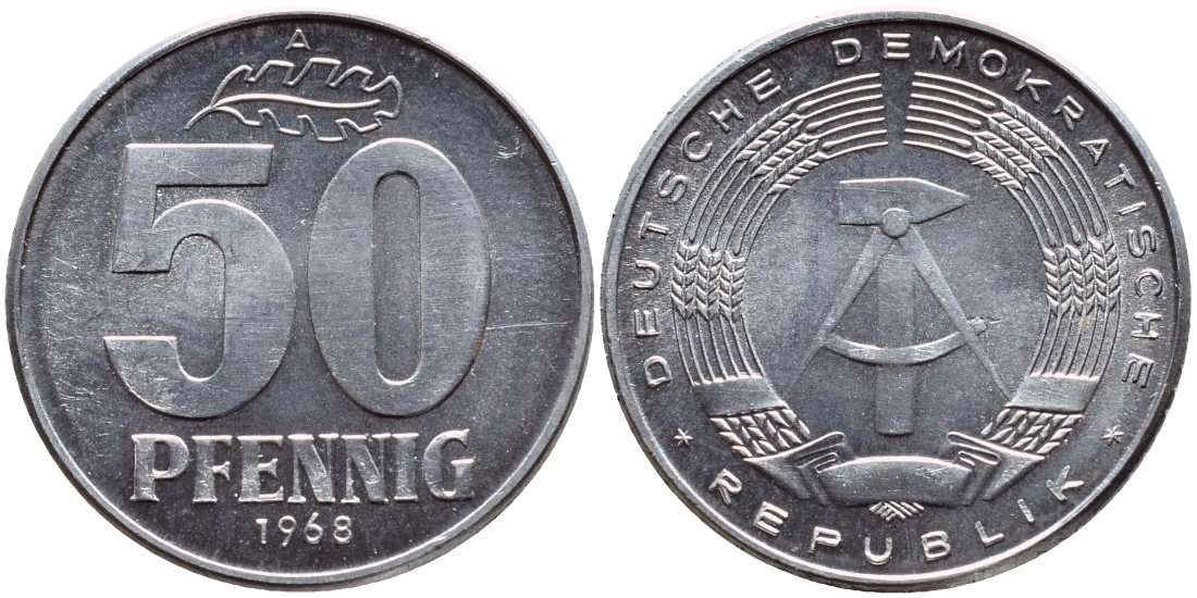 ГДР 50 пфеннигов 1968 А KM 12.2 алюминий UNC 76-1031