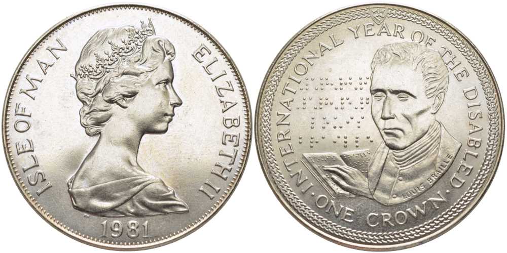 Остров Мэн 1 крона 1981 Международный год инвалидов, Луи Брайль KM 77 медно-никель UNC 107-613