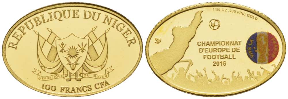 Нигер 100 франков 2016 Чемпионат Европы по футболу во Франции, овал, эмаль золото PROOF 00-820-38