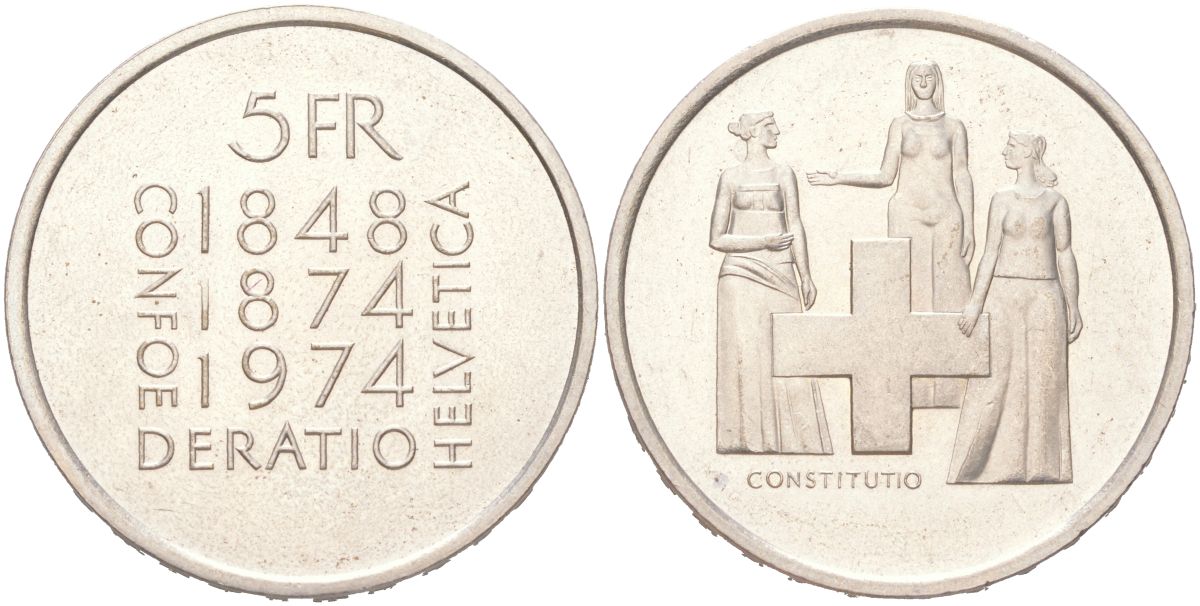 Швейцария 5 франков 1974 100 лет Конституции KM 52 медно-никель UNC 4367-833