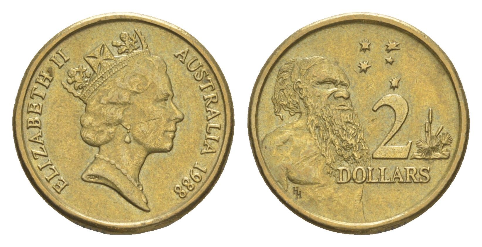Австралия 2 доллара 1988 абориген, Елизавета II (1952-2022) KM 101 алюминиевая бронза 4652-237