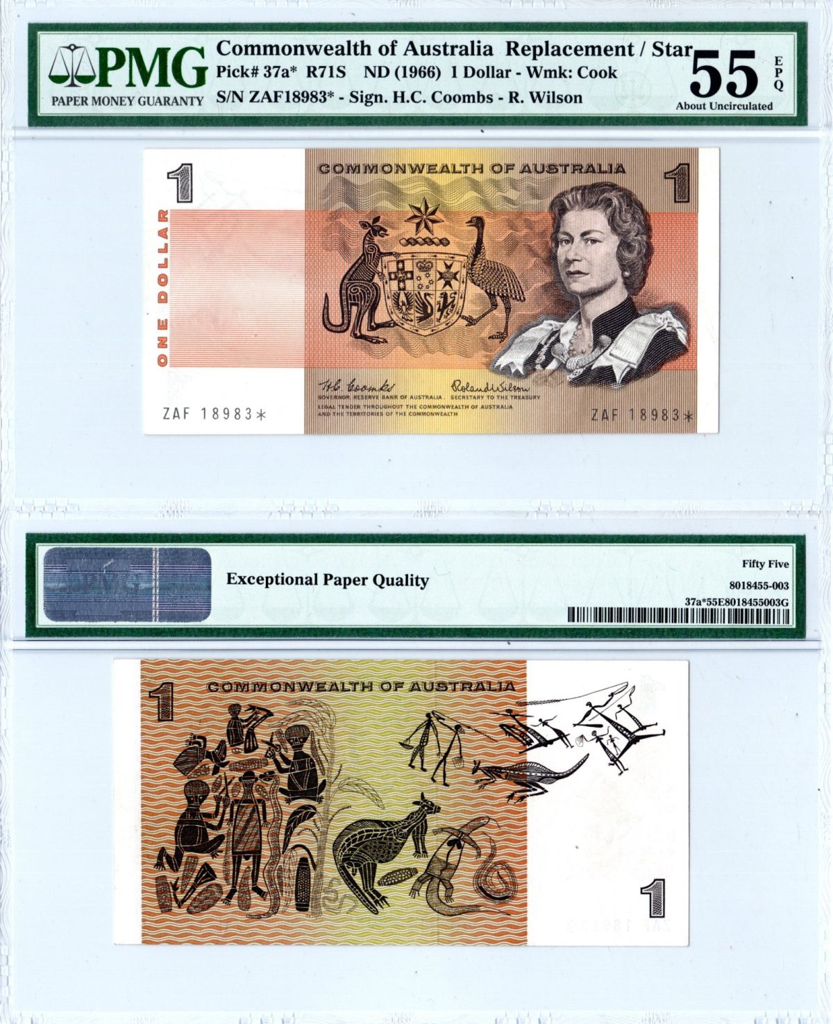 Австралия 1 доллар ND (1966) в холдере PMG 55, серия замещения ZAF Елизавета II (1952-2022), картины аборигенов Pick 37 a* бумага 10-3-04