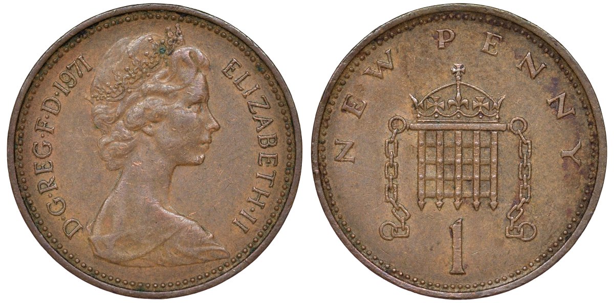 Великобритания 1 пенни 1971 Елизавета II (1952-2022) KM 915, Spink 4237 (B1) бронза 51-2347