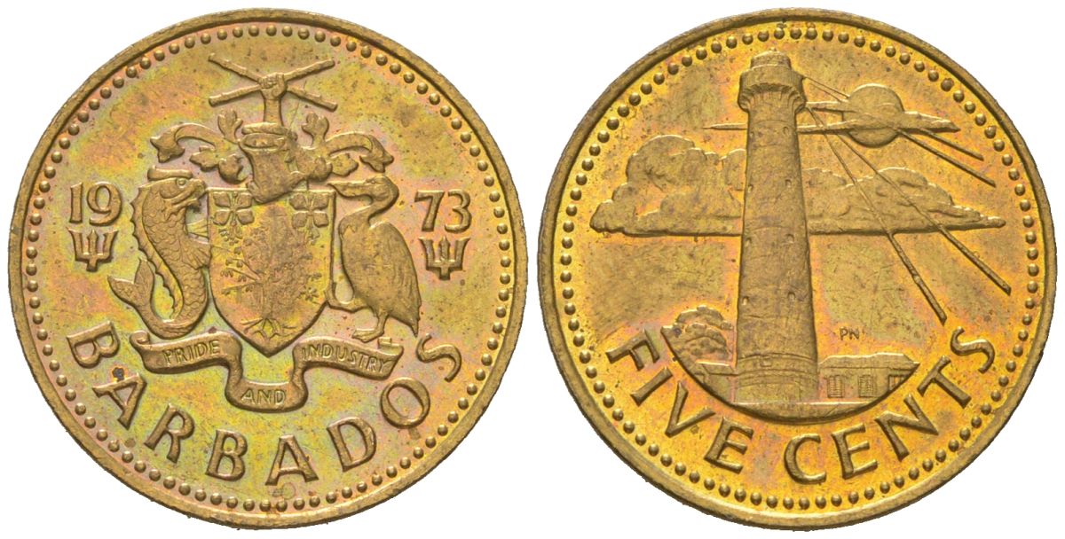 Барбадос 5 центов 1973 маяк Саут-Пойнт KM 11 латунь UNC 4618-1161