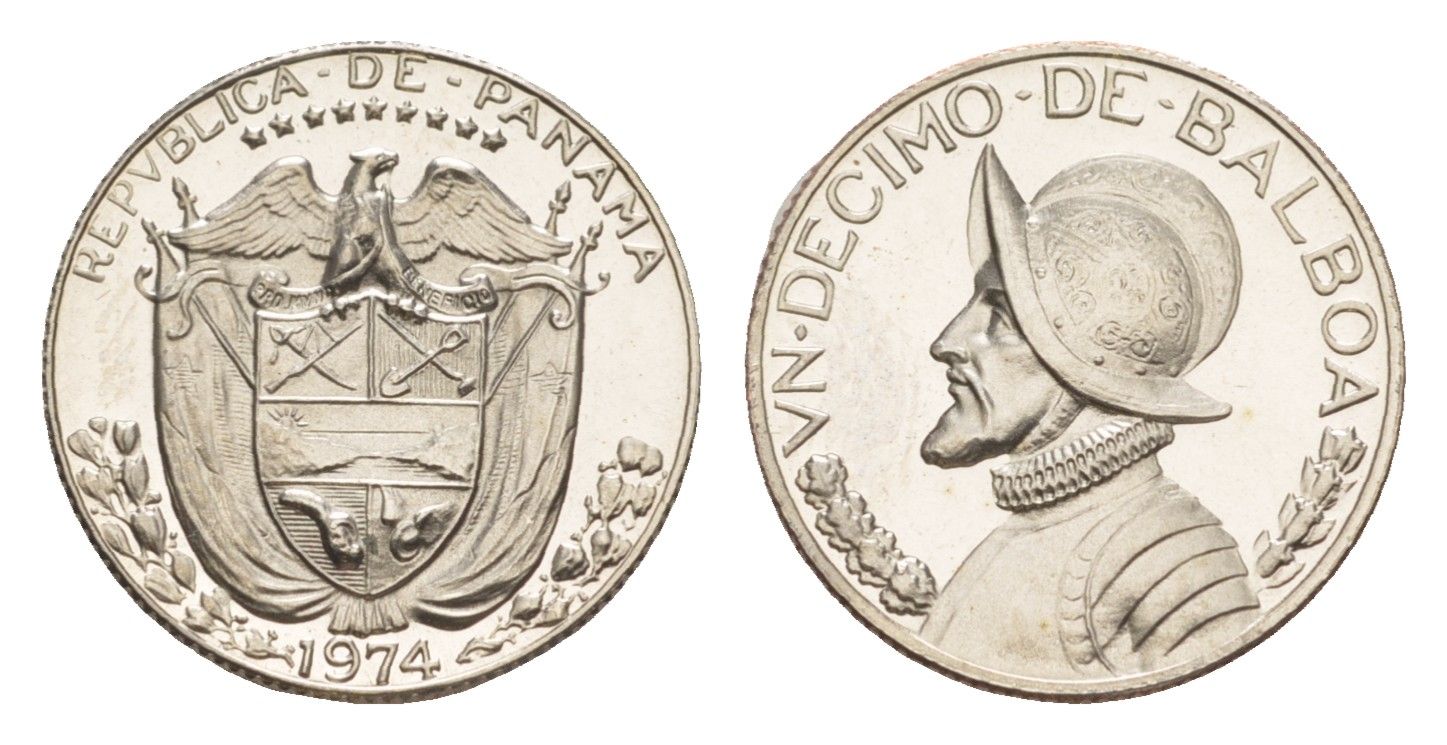Панама 1/10 бальбоа (10 сентесимо) 1974 тираж 18.000 экземпляров KM 10 медь плакированная медно-никелем PROOF 1522-235