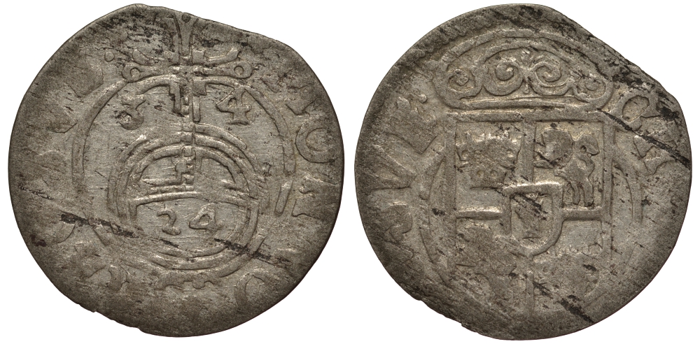 Польша, Эльблонг 1/24 талера 1634 Шведское правление, Кристина (1632-1654), вес 0,97 гр. KM 43 серебро 1516-631