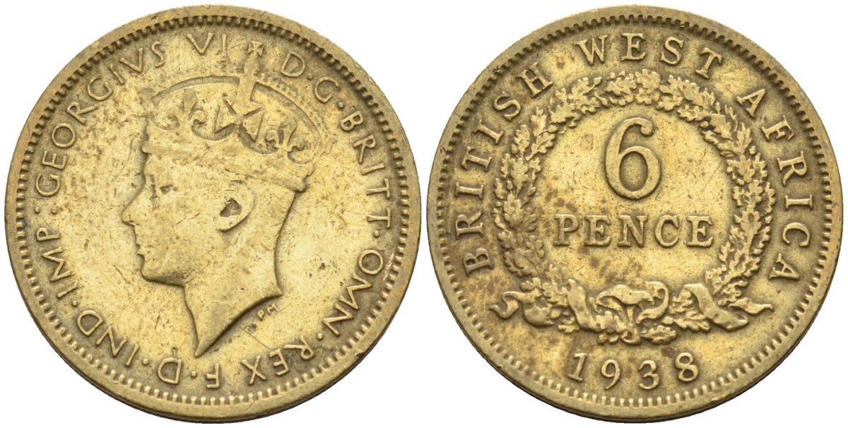 Британская Западная Африка 6 пенсов 1938 Георг VI (1936-1952) KM 22 никель-латунь 4588-658