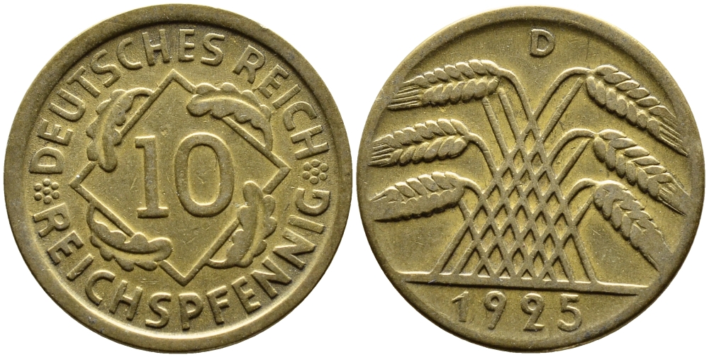 ГЕРМАНИЯ 10 РЕЙХСПФЕННИГОВ 1925 D KM 40, J.317 алюминиевая бронза 4390-836