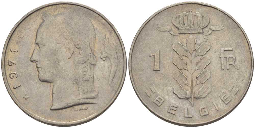 Бельгия 1 франк 1971 Belgie, Бодуэн I (1951-1993) KM 143.1 медно-никель 202-1043