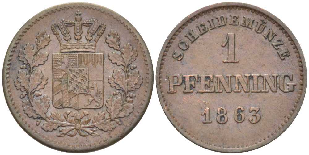 Бавария 1 пфенниг 1863 Максимилиан II (1848-1864) КМ 471 медь 201-247