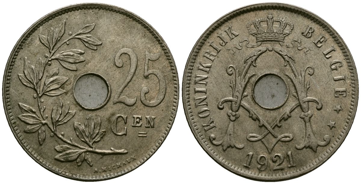 Бельгия 25 сантимов 1921 Belgie KM 69 медно-никель 4165-745