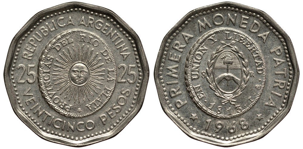 Аргентина 25 песо 1965 первая монета отчеканенная в Аргентине в 1813 году KM 61 сталь плакированная никелем 4185-534