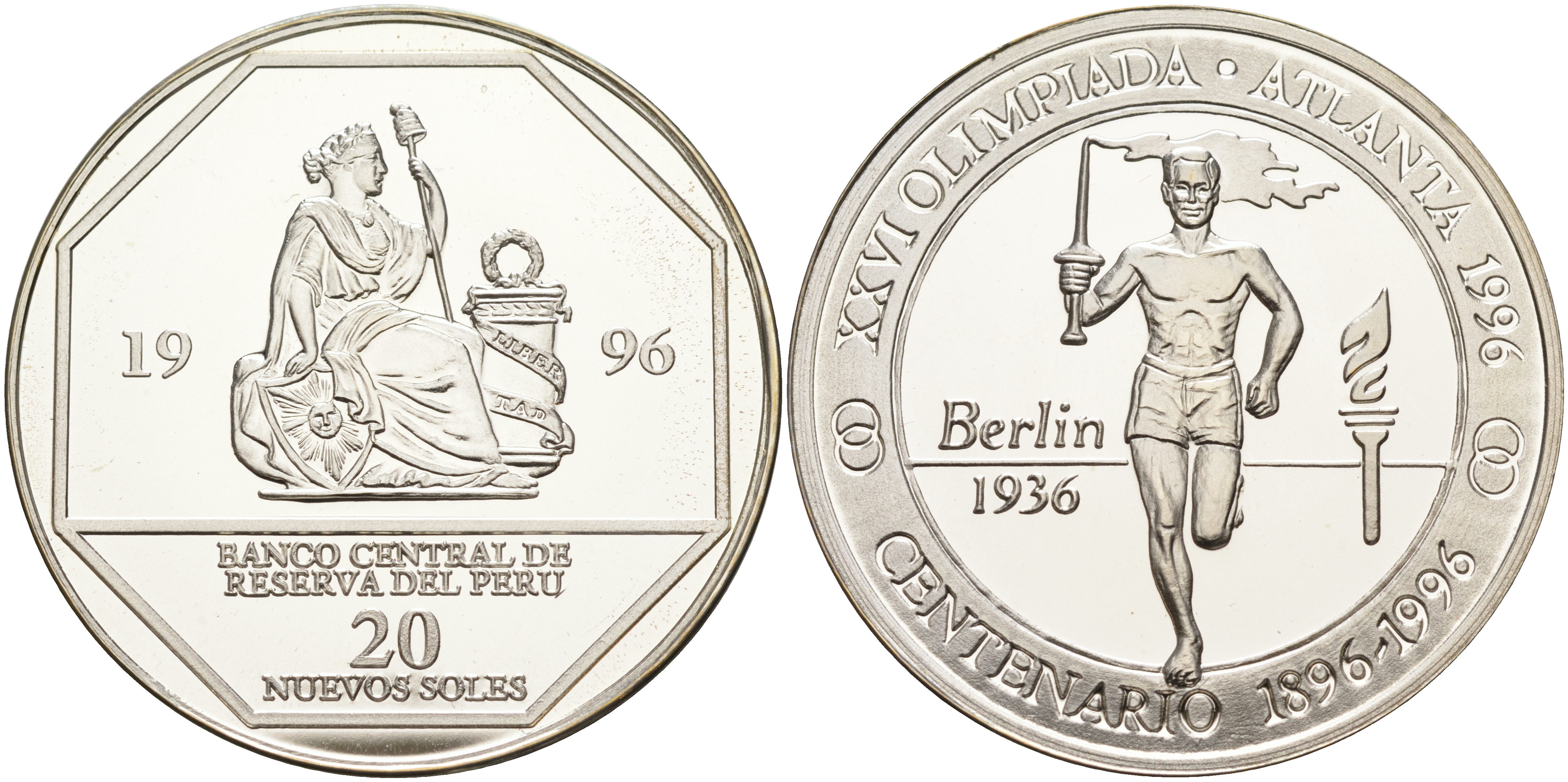 Перу 20 солей 1996 XXVI Олимпийские игры 1996 года в Атланте, 100 лет Олимпийскому движению, олимпийский огонь, пробник, рубчатый гурт серебро PROOF 06-159-14