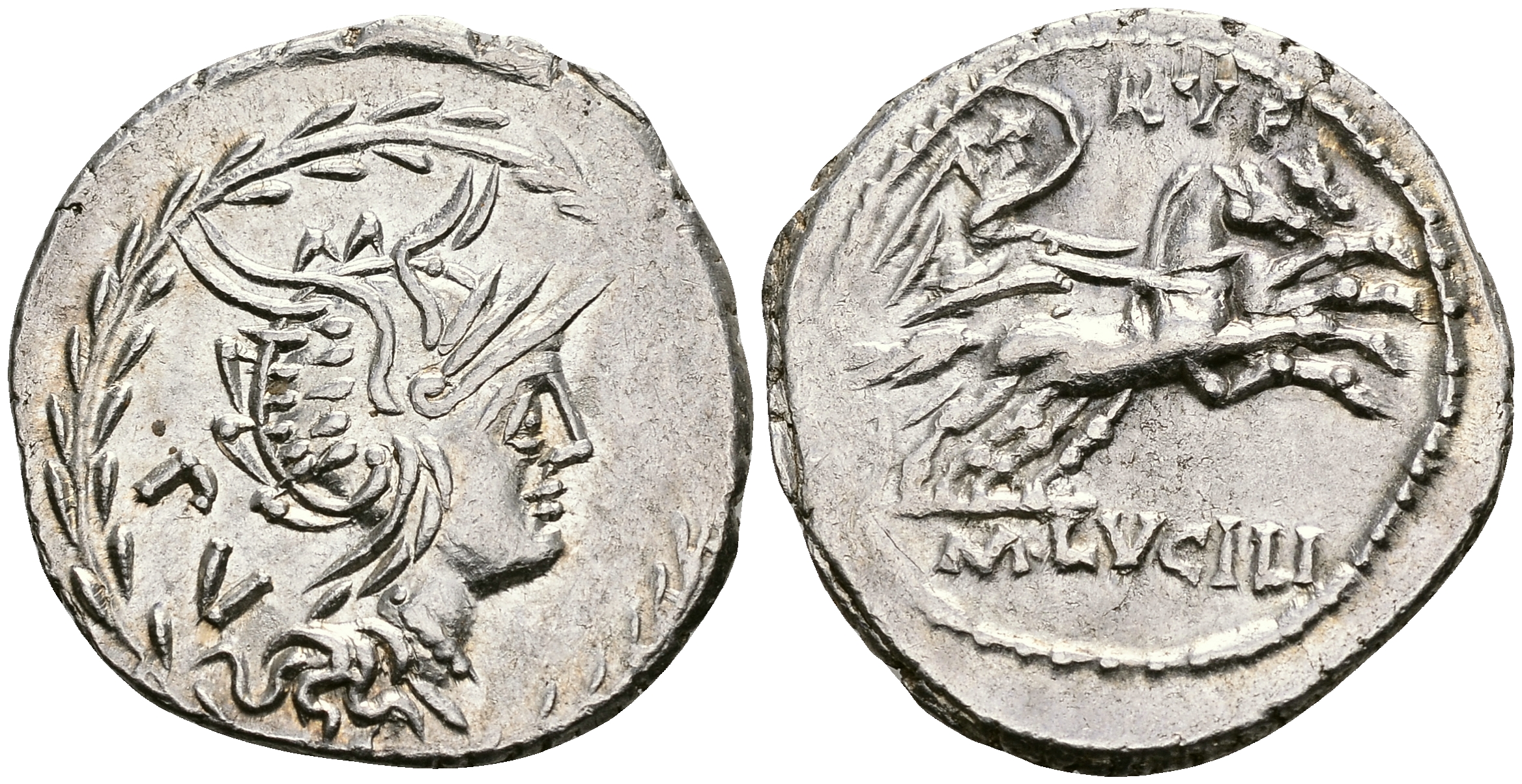 Римская Республика денарий 101 г. до н.э. монетарий М. Луцилий Руф. голова Ромы / Виктория в биге extremely fine 3,74 гр. Crawf. 324/1; Syd. 5990 серебро 1073-5-4-2