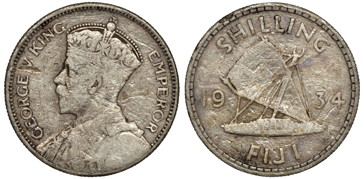 Фиджи 1 шиллинг 1934 Георг V (1910-1936), парусник KM 4 серебро 91-945