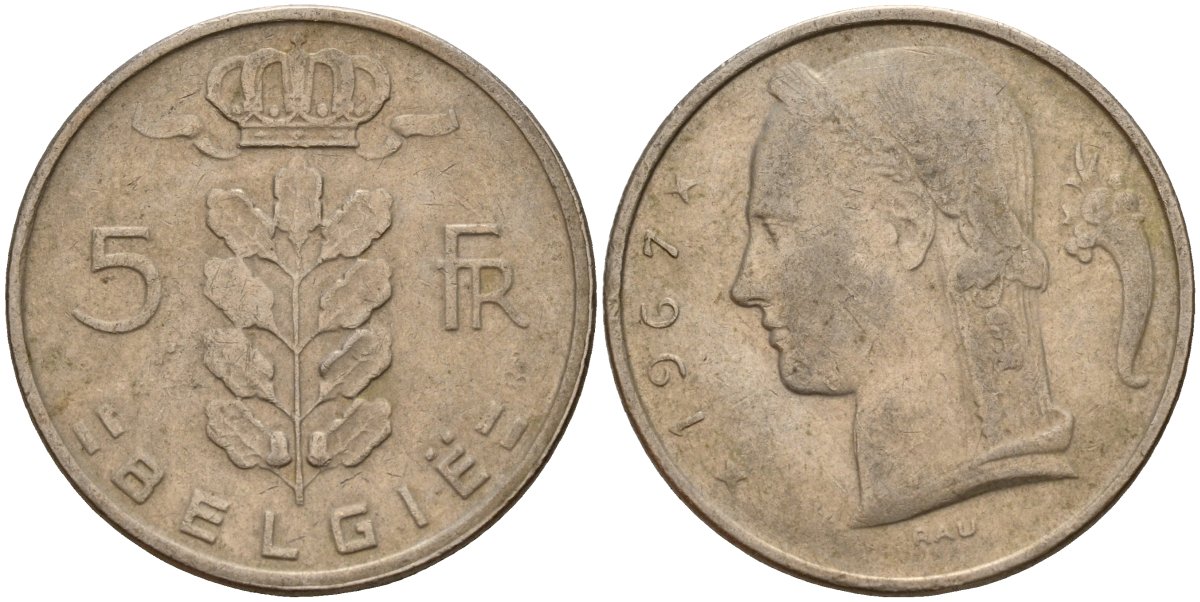 Бельгия 5 франков 1967 Belgie, Бодуэн I (1951-1993) KM 135 медно-никель 4187-1123