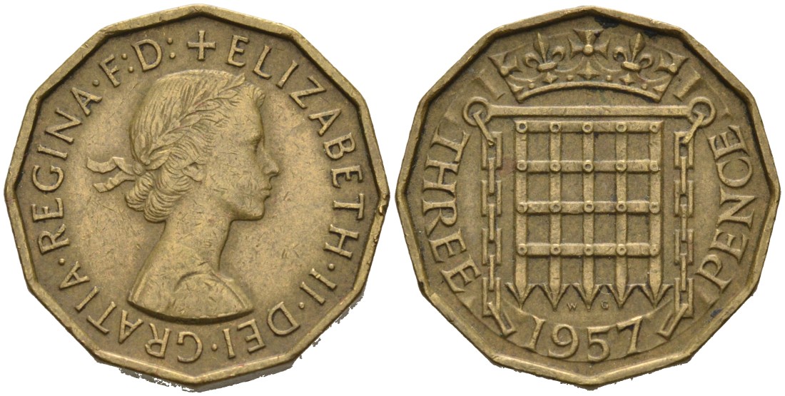 Великобритания 3 пенса 1957 Елизавета II (1952-2022) KM 900, Spink 4153 никель латунь 4561-1025