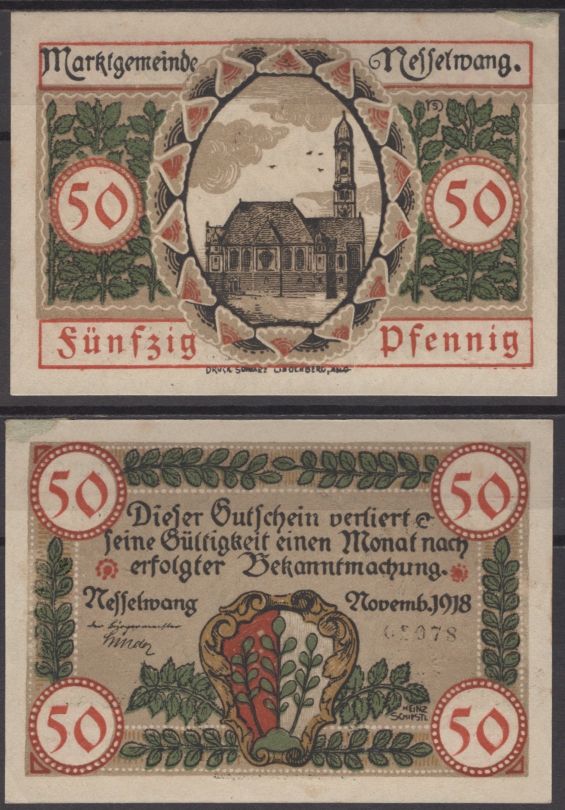 Нессельванг 50 пфеннигов 1918 DeNG 2 N9.4e бумага UNC (пресс) 8612-58-1-2