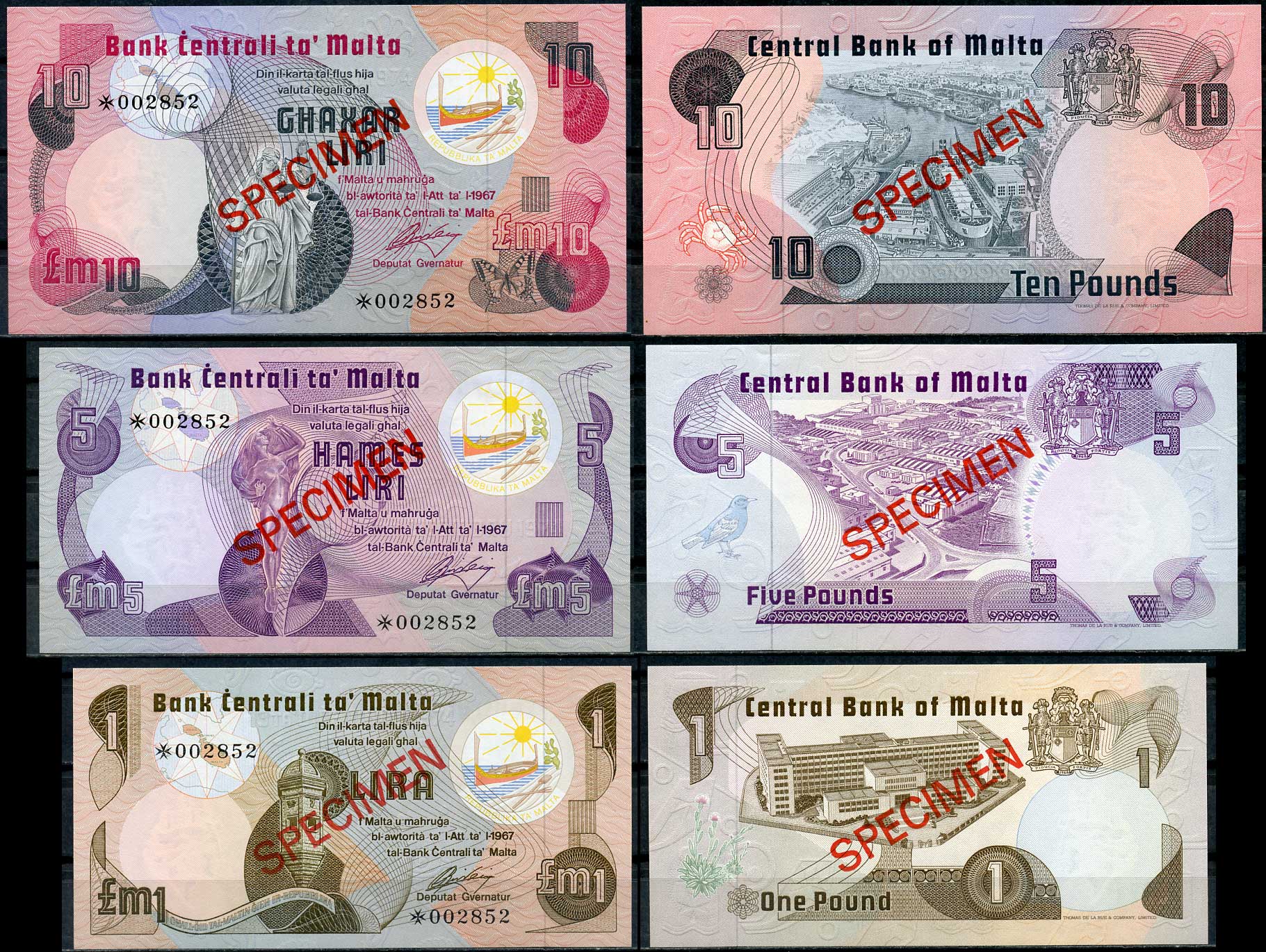 Мальта 1, 5 и 10 лир (фунтов) L. 1967 (1979) образец, Specimen, № 002852 Pick 34 s, 35 s, 36 s  бумага  UNC (пресс) 451-22-2