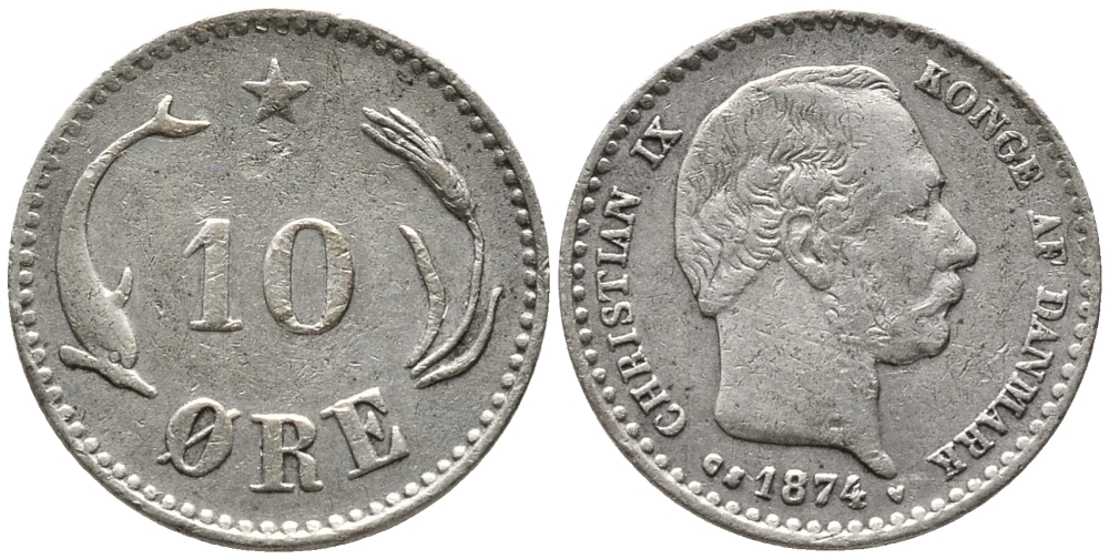 ДАНИЯ 10 ЭРЕ 1874 C; S, КРИСТИАН IX (1863-1906) KM 795.1 серебро 4380-1046