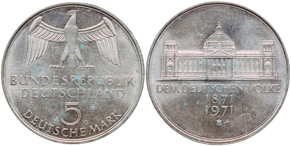 ФРГ 5 марок 1971 G, 100 лет основания Германской Империи KM 128.1, J. 409 серебро aUNC 1529-312