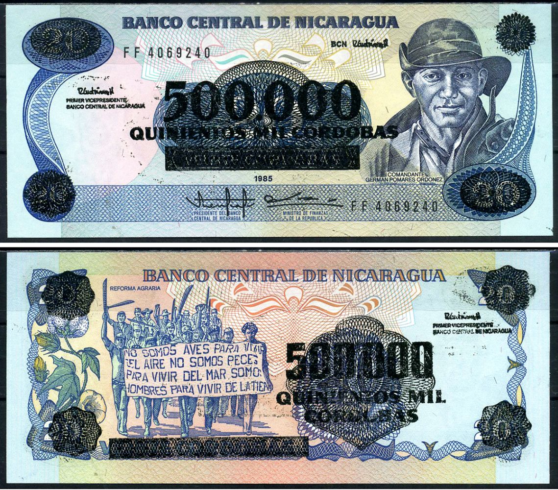 Никарагуа 500000 кордоба 1985 (1990) надпечатка на 20 кордоба, Херман Помарес Ордоньес Pick 163 бумага UNC (пресс) 6283-50-1-1