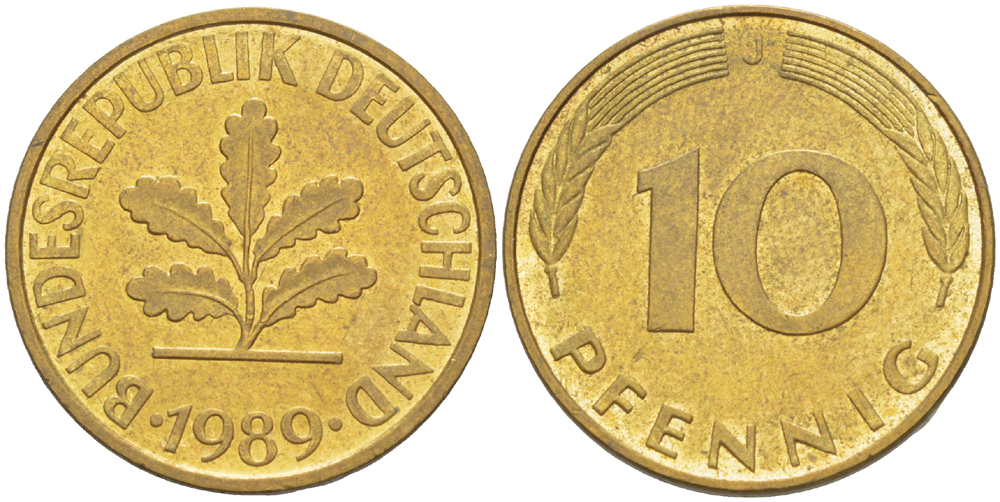 ФРГ 10 ПФЕННИГОВ 1989 J KM 108, J. 383 сталь плакированная латунью 4182-951