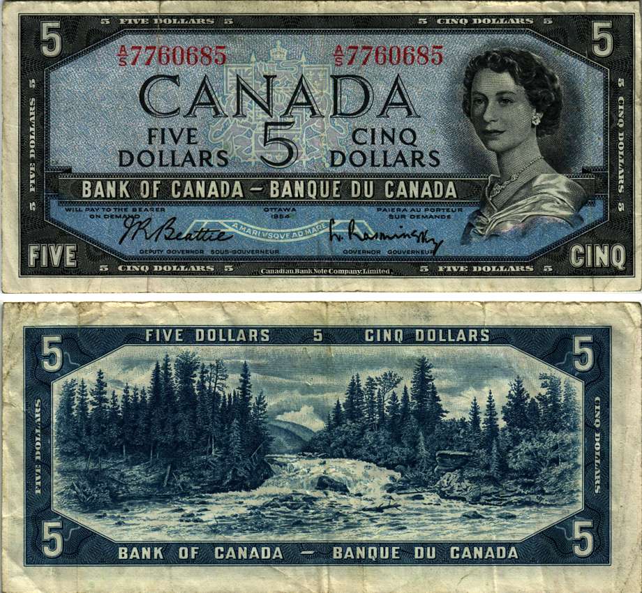 КАНАДА 5 ДОЛЛАРОВ 1961-1972 ЕЛИЗАВЕТА II, РЕКА, ПОДПИСЬ BEATTIE-RASMINSKY Pick 76b бумага 7485-65-3