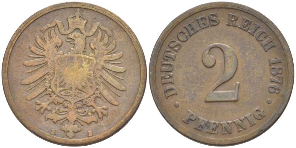 ГЕРМАНИЯ 2 ПФЕННИГА 1876 B, СТАРОГЕРБОВКА KM 2, J. 2, Weege 3 медь 212-653