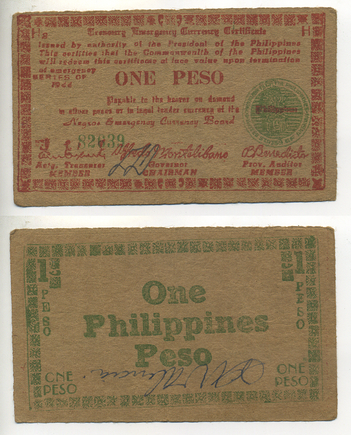 ФИЛИППИНЫ 1 ПЕСО 1944 ЖЕЛТАЯ БУМАГА, КРАСНАЯ ПЕЧАТЬ, ПАРТИЗАНСКИЕ ДЕНЬГИ Pick S672 бумага 7222-60-1