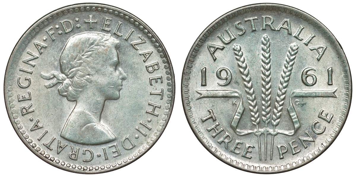 Австралия 3 пенса 1961 m, Елизавета II (1952-2022) KM 57 серебро 71-739