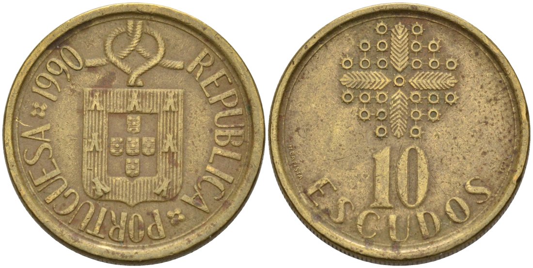 Португалия 10 эскудо 1990 KM 633 никель латунь 4571-944
