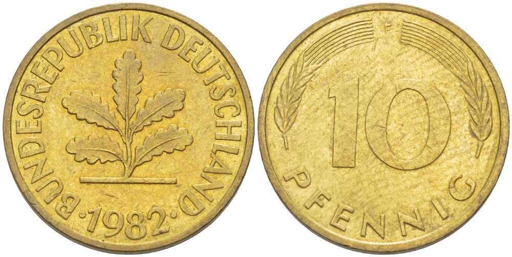 ФРГ 10 ПФЕННИГОВ 1982 F KM 108, J. 383 сталь плакированная латунью 4182-931