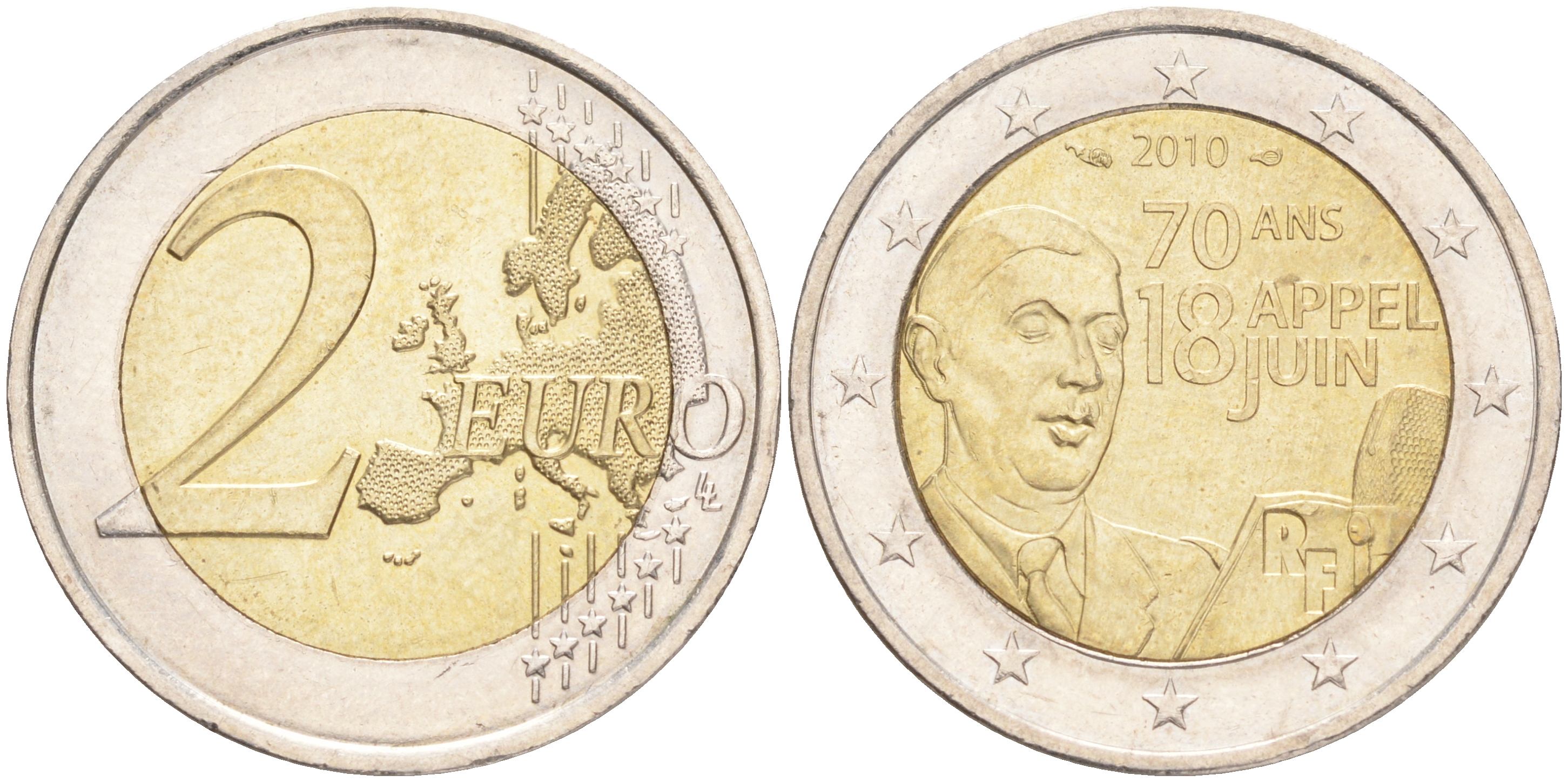 Франция 2 евро 2010 70 лет речи Шарля де Голля "Ко всем французам" KM 1676 биметалл 4556-434