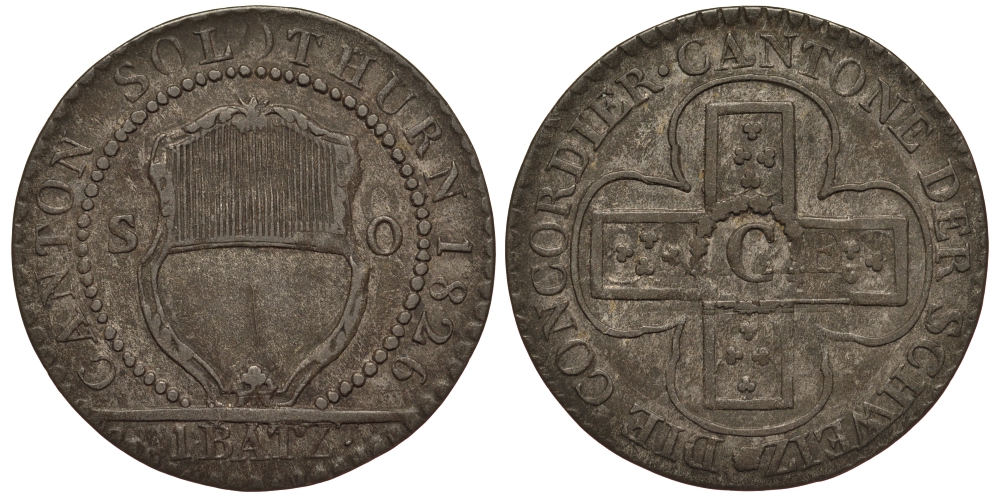Швейцария, кантон Золотурн 1 батцен = 10 раппенов 1826  KM 79 серебро    1515-2044