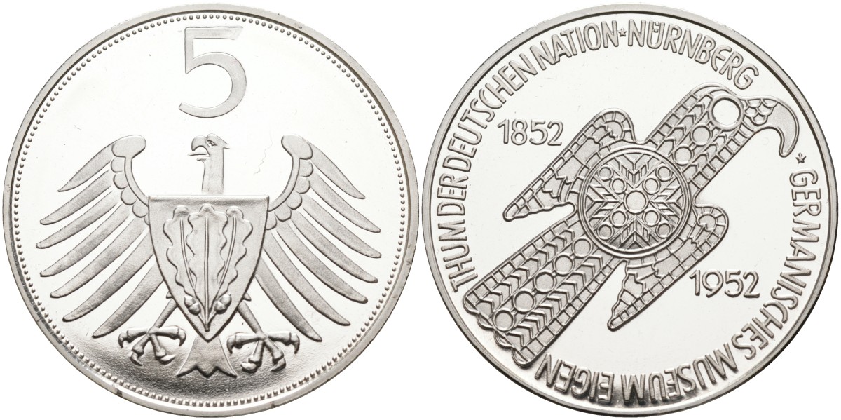 Германия медаль ND 5 марок 1952 года, 100 лет Германскому музею в Нюрнберге, серебрение медно-никель PROOF 06-131-25