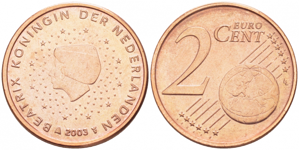 Нидерланды 2 евроцента 2003 Беатрикс (1980-2013) KM 235 сталь плакированная медью UNC 3457-1123