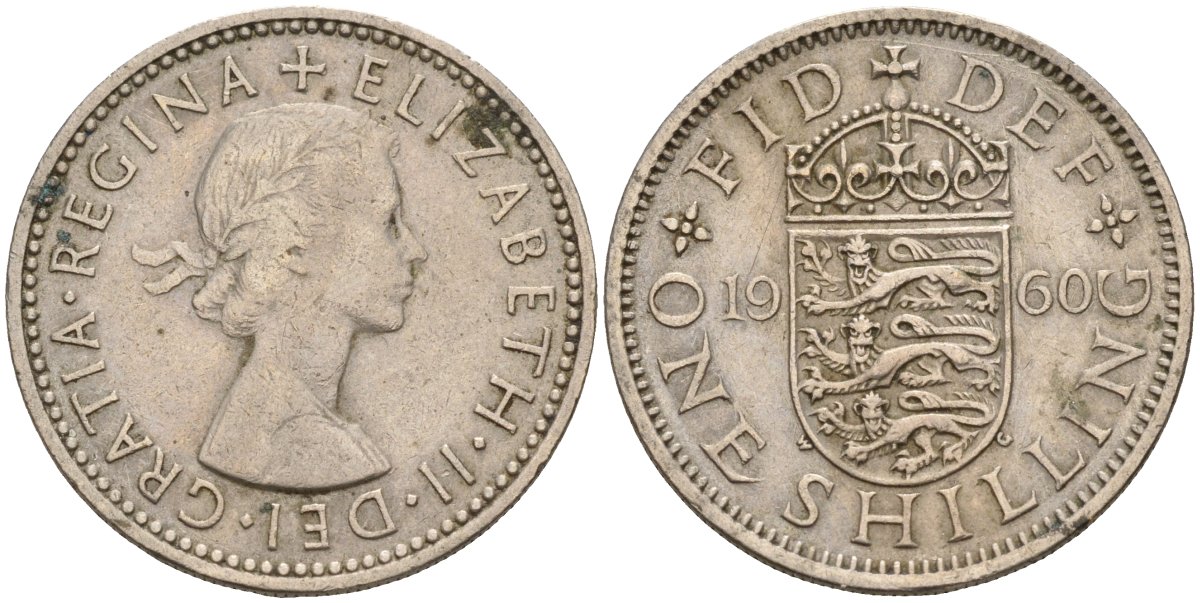 Великобритания 1 шиллинг 1960 Елизавета II (1952-2022), Английский герб KM 904, Spink 4147 медно-никель 4143-1226
