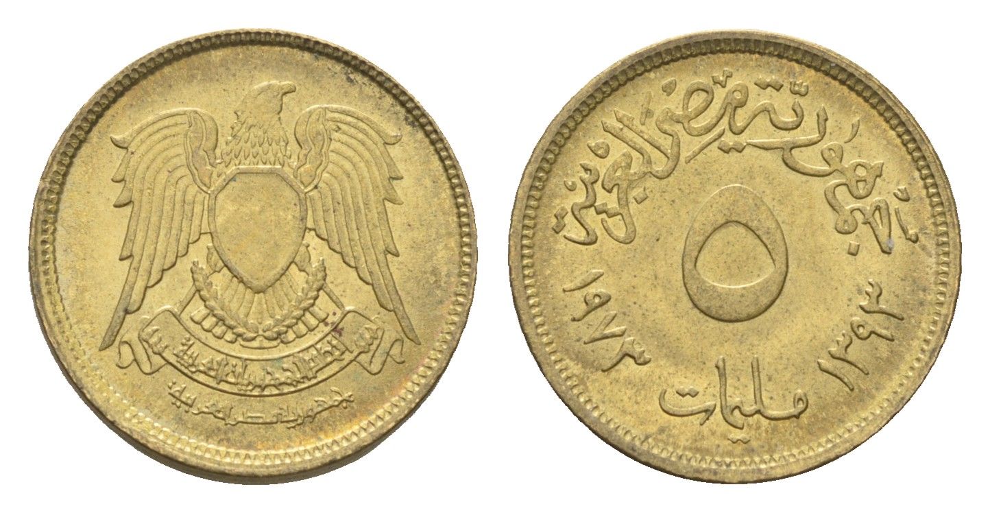 Египет 5 миллим 1973 АН 1393, орел со щитом на груди KM 432 латунь 4659-1025