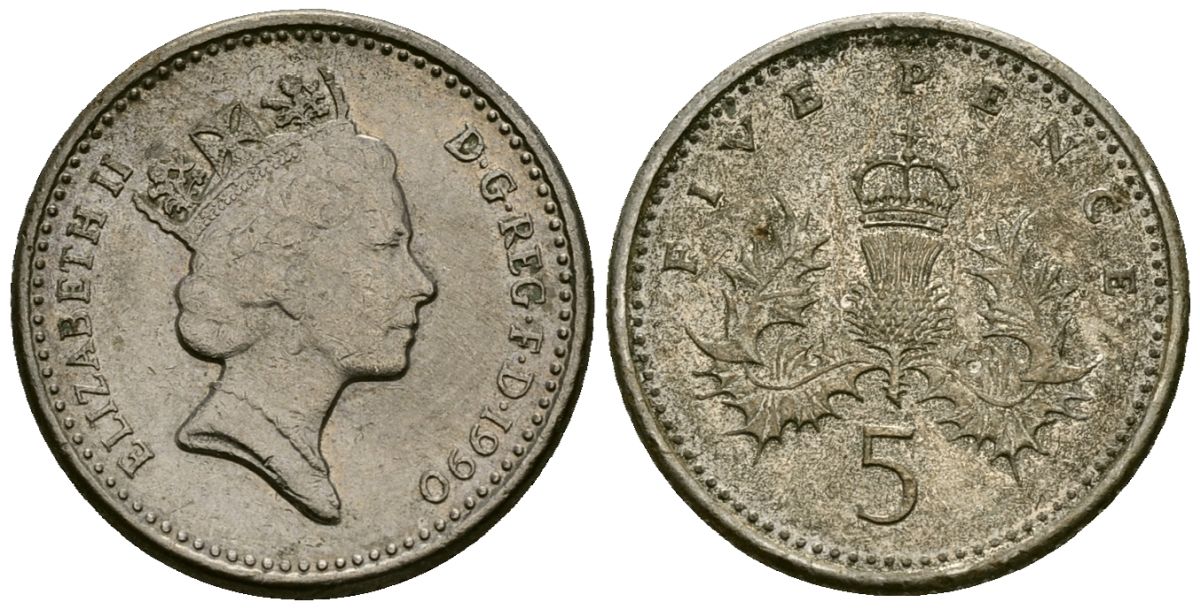 Великобритания 5 пенсов 1990 Елизавета II (1952-2022) KM 937b, Spink 4372 (D4) медно-никель 4173-1238